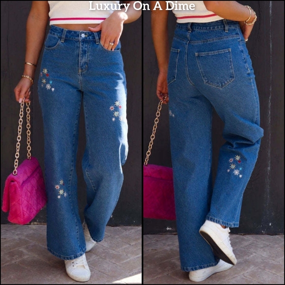 Retro High-Rise Embroidered Daisy Flower Straight Leg Hippie Cotton Denim Jeans - Picture 6 of 16